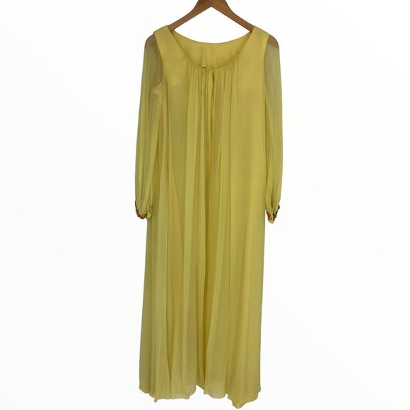 70’s Vintage Yellow Maxi Dress Embroidered Sheer Long Sleeve Ribbon Trim Gown - Picture 7 of 13